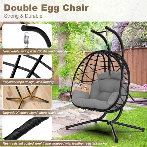 ZENPETIO Double Egg Chair with Stand, 2 Person Swing Egg Chair, Rattan Wicker Swing Chair with UV Resistant Cushion and Pillow, for Indoor Outdoor Bedroom Patio Hanging, Black