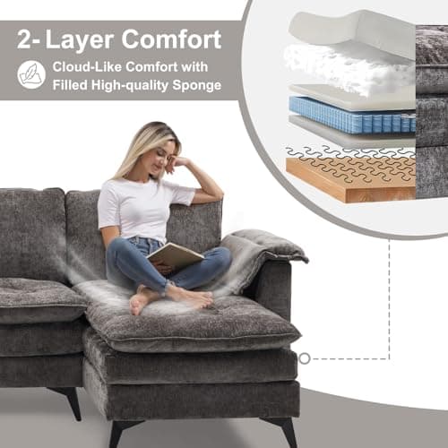 VINGLI 129'' Reversible Sectional Couches for Living Room,L-Shaped Couch Sofa Set with Chaise,Comfy Cloud Couches in Lattice Decored Seat Cushion with Double Pads, Grey