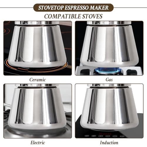 Stovetop Espresso Maker, 6Cup 10 oz Moka Pot, Stainless Steel Cuban and Italian Coffee Maker for Cafetera Cubana, Greca De Cafe Induction Stovetop Compatible, Coffee Gift for Home Travel
