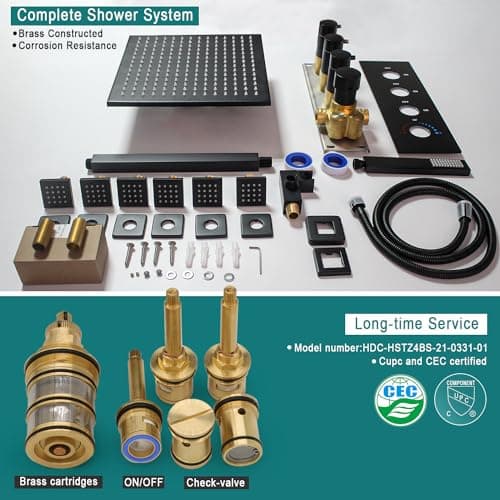 HOMEDEC Black Full Shower Jets System, Ceiling Rain 16" LED Shower Faucet Set with 6 Pcs Body Sprays and Brass 3 Ways Thermostatic Valve, Can Use All At Once, 3/4inch Inlet Large Flow