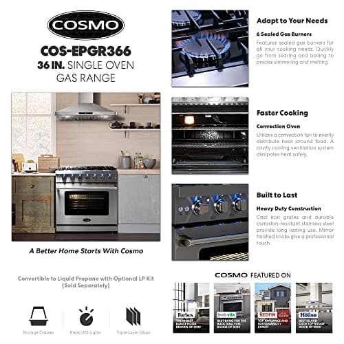 COSMO COS-EPGR366 36 in. Haven Collection 6.0 cu. ft. Gas Range, 6 Burners, Convection Oven, Knob LEDs, Storage Drawer, Stainless Steel