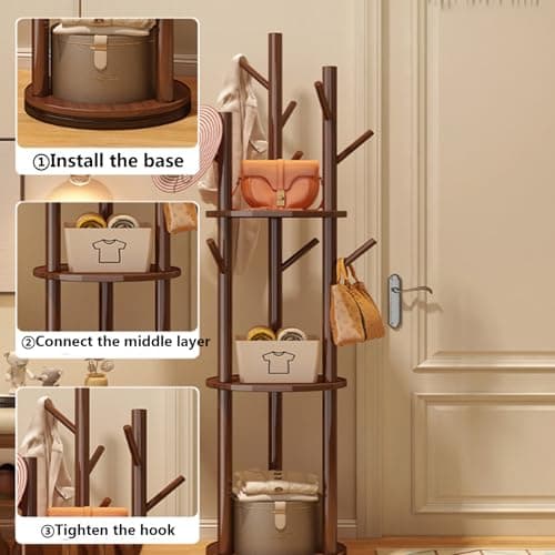 Solid Wood Rotary Coat Rack, Freestanding Coat Rack with 3 Shelves and 9 Hooks, Coat Tree for Bedroom, Entryway, Livingroom, Coat Hanger Stand,Walnut