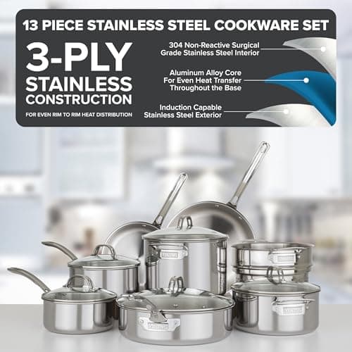 Viking 3-Ply Pots and Pans Set, 13 Piece Stainless Steel Cookware, Glass Lids, Strainer, Silver