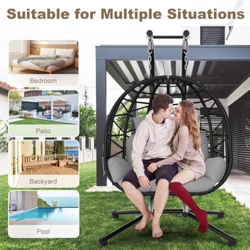 ZENPETIO Double Egg Chair with Stand, 2 Person Swing Egg Chair, Rattan Wicker Swing Chair with UV Resistant Cushion and Pillow, for Indoor Outdoor Bedroom Patio Hanging, Black