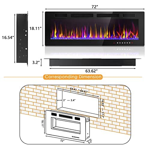 LEMBERI 72 inch Electric Fireplace Recessed and Wall Mounted,750/1500W Fireplace Heater and Linear Fireplace with Touch Screen Control Panel, Timer,Remote Control,Adjustable Flame Color and Speed