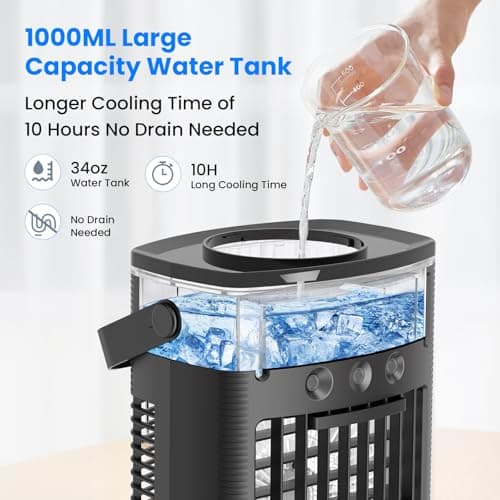 Portable Air Conditioners, Mini Air Conditioner Portable Cooling Fan with Remote Control, 3 Wind Speed & 3 Mist Level & 2-8H Timer & 7 LED Light Evaporative Air Cooler for Home Office Room, Black