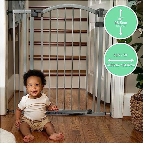 Summer Infant Extra Tall & Wide Safety Pet and Baby Gate, 29.5"-53" Wide, 38" Tall, Pressure or Hardware Mounted, Install on Wall or Banister in Doorway or Stairway, Auto Close Walk-Thru Door - Gray