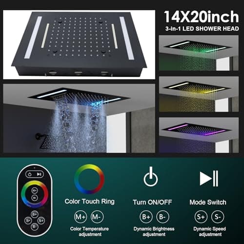 HOMEDEC Double Shower Heads Full Body Shower System with 6pcs Body Jets, 3-in-1 Function 14x20inch and 6inch Showerheads, Rainfall Shower System, Black