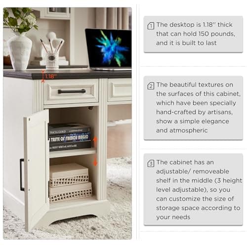 JXQTLINGMU 58" Executive Desk, Farmhouse Computer Desk with Drawers and Cabinet, Embossed Texture Home Office Desk w/Charging Station, Workspace for Work Study Writing, Off White