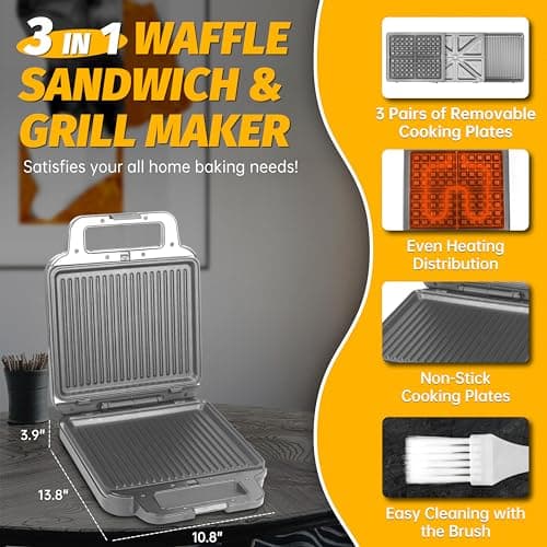 Panini Grill Press Breakfast Sandwich Maker 3 in 1, Electric Griddle Panini Press, Grilled Cheese Maker, Sandwichera Electrica, Belgian Waffle Maker with Removable Plates