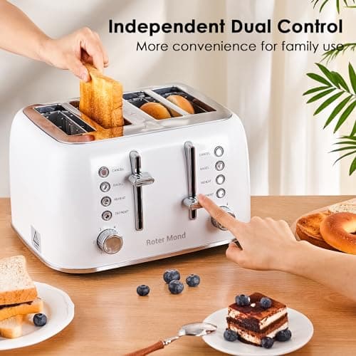Toaster 4 Slice Retro Stainless Steel with Extra Wide Slots Bagel, Defrost, Reheat Function, Dual Independent Control Panel, Removable Crumb Tray, 6 Browning Levels, White