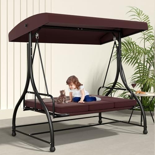 3-Seat Outdoor Patio Swing Glider - Heavy Duty Steel Frame with Adjustable Canopy & Removable Cushions - All Weather Porch Swings Chair for Backyard, Garden, Poolside - Brown
