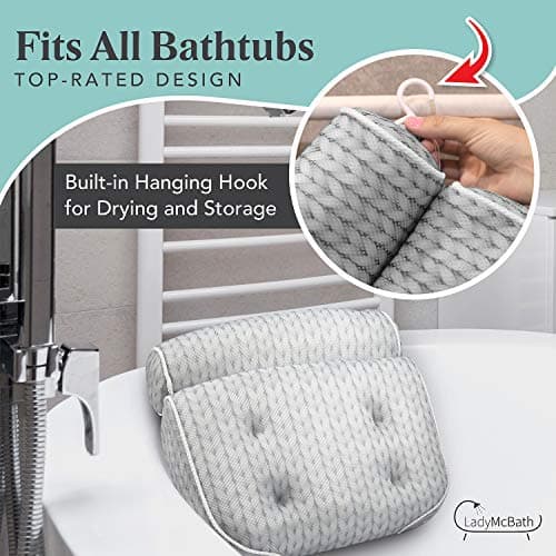 Lady McBath Bath Pillow - Luxury Bath Pillows for Tub Neck and Back Support - Powerful Suction Cups, Machine Washable Bathtub Accessory for Relaxation (Grey)
