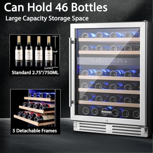 BODEGA 24 Inch Wine Cooler Refrigerator, 46 Bottle Dual Zone Wine Fridge with Double-Layer Tempered Glass Door,wine refrigerator with Temperature Memory Function, Built-in or Freestanding wine cooler.