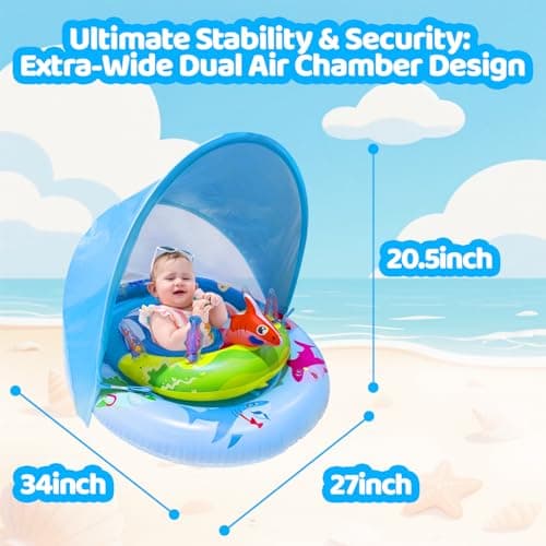 Inflatable Baby Pool Float with UPF50+ Sun Protection Canopy, Adjustable Safety Seat & Interactive Toy Play Console - Includes Ocean Animal Toys for Infants & Toddlers 3-36 Months