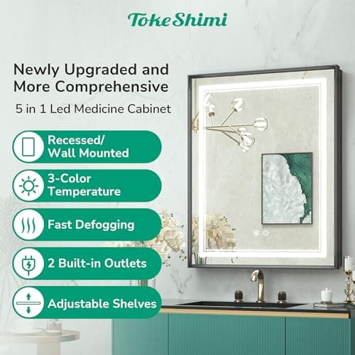TokeShimi 24x30 Recessed Medicine Cabinet with Lights Mirror, 3-Color Stepless Dimmable LED Mirror Medicine Cabinet with Electrical Outlets and Defog, in Wall Mirror with Storage