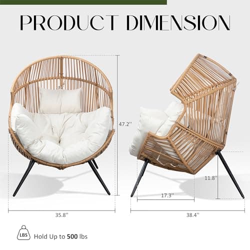 JAMFLY Egg Chair Wicker Outdoor Chairs, Oversized Patio Chair Oversized Lounger Chair with Cushion for Indoor Living Room, Bedroom, Outside Patio Backyard Balcony, Beige