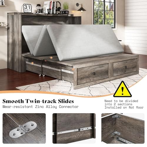 AMERLIFE Queen Murphy Bed with Storage & Charging Station, Farmhouse Murphy Cabinet with Foldable Panel, Noisy Free, for Living Room, Guest Bedroom, Office, Rustic Gray