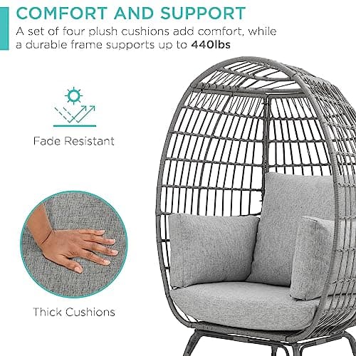 Best Choice Products Wicker Egg Chair, Oversized Indoor Outdoor Lounger for Patio, Backyard, Living Room w/ 4 Cushions, Steel Frame, 440lb Capacity - Gray/Heather Gray