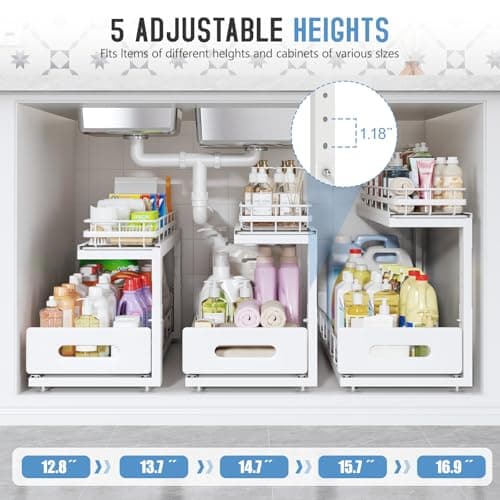 2 Pack Under Sink Organizer with Smooth Ball Bearing Slides, 2-Tier Pull Out Cabinet Storage, Slide Out Drawers for Bathroom and Kitchen, Under Sink Shelf, Rust-resistant Coating, Height Adjustable