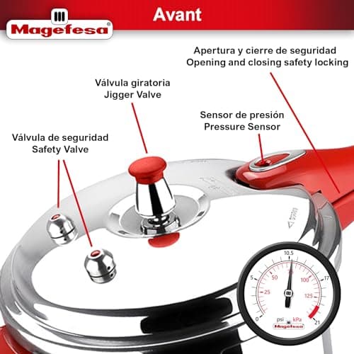 MAGEFESA Avant Red Pressure Cooker, 6.2 Quart, made of very resistant aluminum, compatible with gas, electric, ceramic stoves, pressure canner, canning cooker pot, stove top instant fast cooking