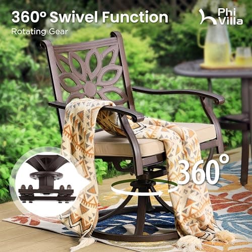 PHI VILLA Cast Aluminum Patio Dining Set for 6 Person, 7 Piece Outdoor Patio Set with 64" x 37" Cast-Top Aluminum Table(2.3" Umbrella Hole), 4 Dining Chairs and 2 Swivel Rockers with Seat Cushions