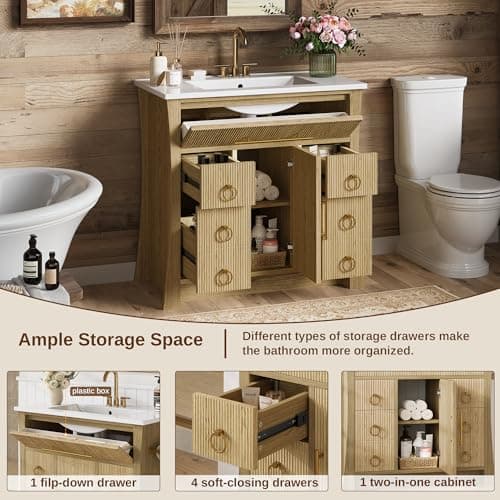 IRONCK 36" Bathroom Vanity with Sink, Freestanding Bathroom Sink Cabinet with 4 Drawers & 1 Flip-Down Drawer, Wood Grain Texture, Metal Handle, Farmhouse