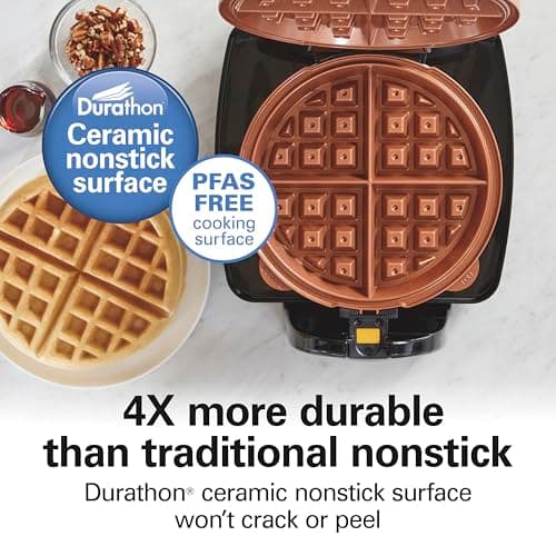 Hamilton Beach Belgian Waffle Maker with Removable PFAS-Free Durathon Nonstick Coated Plates, Easy Flip, Ceramic Grids, Black (26031)