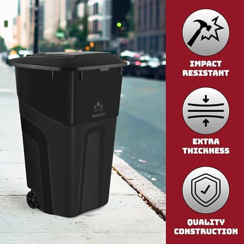 Trash Can With Lid - Ultimate Strength 32 Gallon Wheeled Garbage Can Trash Container - Professional Grade Outdoor Waste Bin with Secure Snap Lid and Ergonomic Handles, Outdoor Recycling Bins, 2 Pack