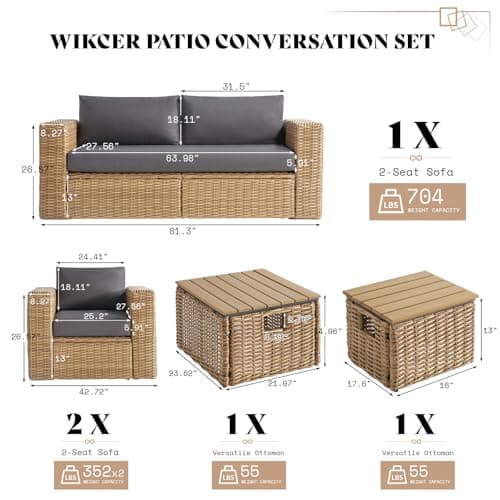 AMERLIFE 6-Piece Patio Sofa Set with Convertible Coffee Table - 8.3" Wide Armrests, UV-Resistant PE Rattan Outdoor Conversation Set for Balcony/Poolside, Waterproof Grey Cushions, Heavy-Duty Wicker