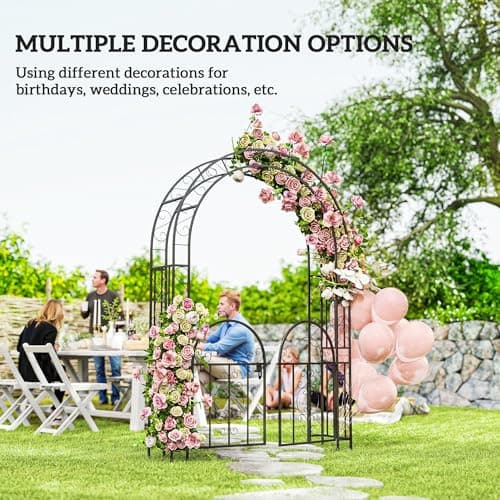 Outsunny 7.4ft Steel Garden Arch with Gate, Garden Arbor Trellis for Climbing Plants, Roses, Vines, Wedding Arch Stand for Outdoor, Garden, Lawn, Backyard, Black