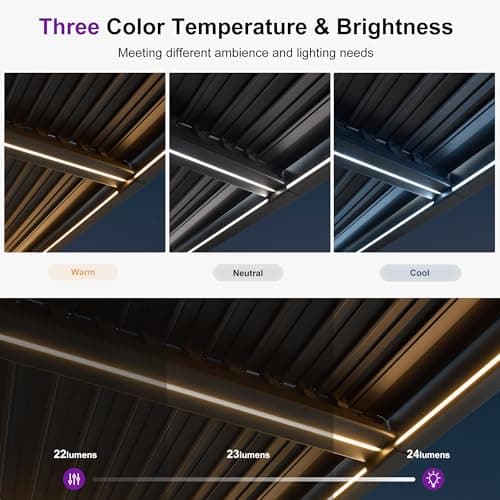 PURPLE LEAF Solar Louvered Pergola 92KS 10' x 12' with LED String Lights and Control Panel Aluminum Outdoor Pergola with Adjustable Roof for Patio Deck Garden Yard Gray