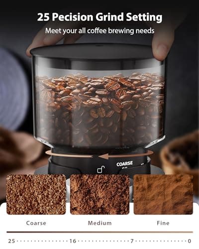 Aromaster Burr Coffee Grinder with 25 Grind Setting, Adjustable 2-12 Cups Timer, Professional Conical Coffee Bean Grinders for Home Use, 3-Ears Portafilter Holder, Anti-static, Cleaning Brush, Black