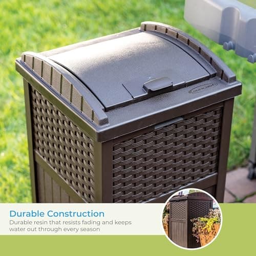 Suncast 33 Gallon Commercial Outdoor Trashcan Hideaway with Lid for 30 to 33 Gallon Trash Bags for Garage, Backyard, or Garden, Brown