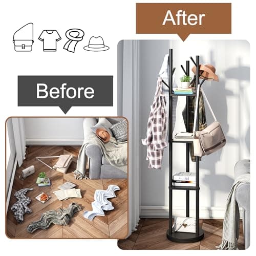 FILWH Bamboo Coat Rack Rotary Freestanding with Shelf Coat Tree Stand for Hallway Entryway with 9 Hooks and 3 Storage Shelves (Black)