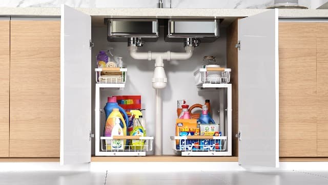 Under Sink Organizer 2 pack, 2 Tier Slide Out Under Sink Organizers And Storage, Height Adjustable Pull Out Cabinet Drawers, Kithcen Bathroom Metal Storage Caddy Shelf, White