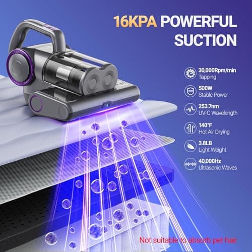 FEPPO Mattress Vacuum Cleaner, 16Kpa Bed Vacuum Cleaner with 253.7nm UV-C Light, 140°F Heat, HEPA Filter & Ultrasonic, Versatile Handheld Vacuums for Bed, Sofa, Couch, Crib(Corded, 500W)