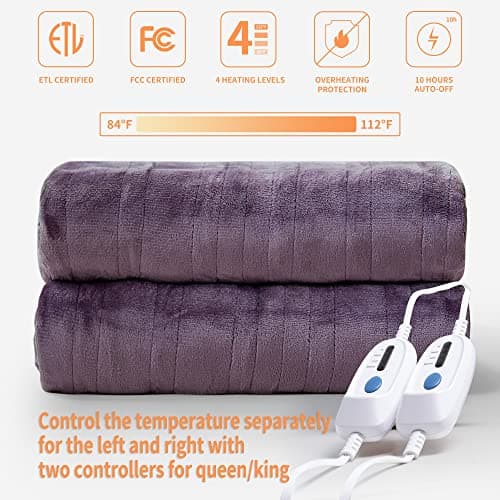JET'S HOME Heated Blanket Queen 84"x90" - ETL&FCC Certified Flannel Electric Blanket Machine Washable Heating Blanket with 4 Heating Levels 10 Hours Auto-Off Overheating Protection (Purple)