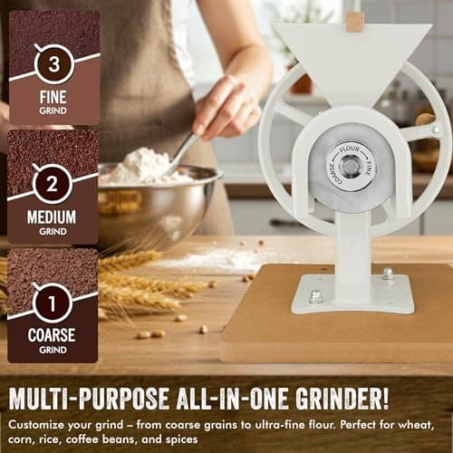 Manual Hand Grain Mill White | Heavy-Duty Hand Operated Food Grinder for Wheat, Corn, Oats, Coffee Beans, Rice & Dry Grains | Hand Crank Kitchen Flour Mill for Home, Camping, Survival & Everyday Use