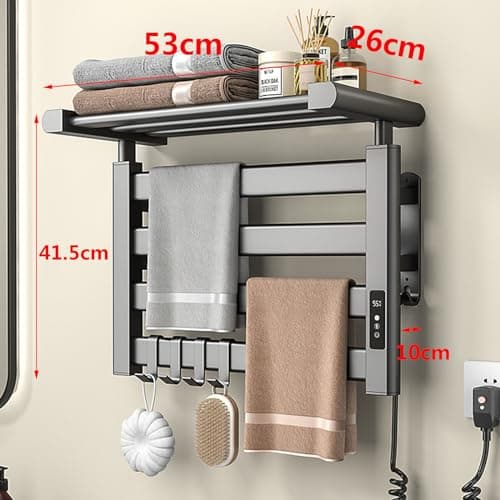Heated Towel Rail, 135W Towel Warmer Digital Display Radiator Towel Rail Electric Towel Rail Timer 1-9H, 4-Bar Bathroom Radiators 53 * 41.5 * 26cm Electric Towel Radiator with Shelf