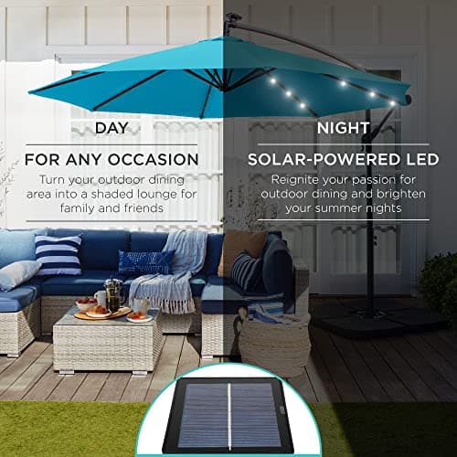 Best Choice Products 10ft Solar LED Offset Hanging Market Patio Umbrella for Backyard, Poolside, Lawn and Garden w/Easy Tilt Adjustment, Polyester Shade, 8 Ribs - Sky Blue