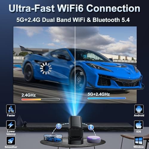 Mini Projector 1080P with WiFi 6 and Bluetooth 5.4, 4K Full HD Projector Features Auto Focus & Keystone, Portable Projector Built-in App Support 270° Rotatable, Compatible with Phone/HDMI/USB - Black