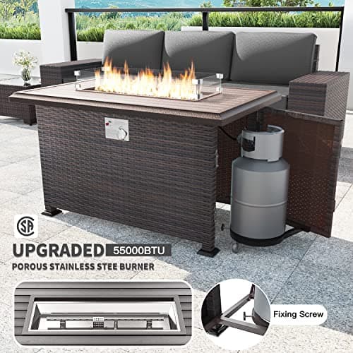 Kullavik 13 Pieces Outdoor Patio Furniture Set with 43" 55000BTU Gas Propane Fire Pit Table PE Wicker Rattan Sectional Sofa Patio Conversation Sets,Grey