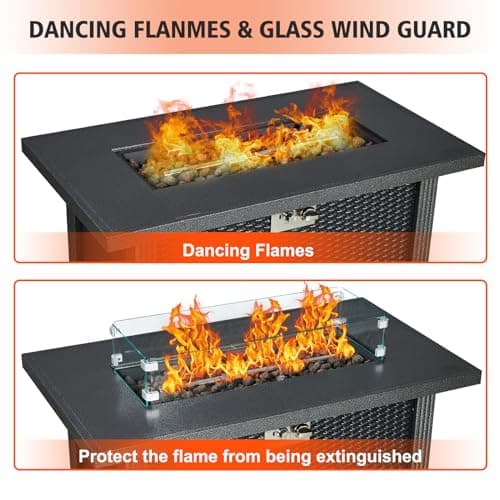 Outdoor Fire Table, 44 inch Rectangle Propane Gas Fire Pit Table, 50,000 BTU Modern Firepit with Wind Guard, Lava Rock, Rain Cover