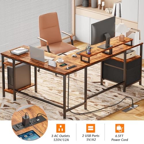 Furologee 66” L Shaped Desk with Power Outlet, Reversible Computer Gaming Desk with File Drawer & 2 Monitor Stands for Home Office with Storage Shelves, Rustic Brown