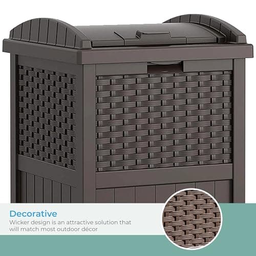 Suncast 33 Gallon Commercial Outdoor Trashcan Hideaway with Lid for 30 to 33 Gallon Trash Bags for Garage, Backyard, or Garden, Brown