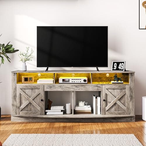 DWVO TV Stand for 75/80 Inch TV, Entertainment Center, LED Light Media Console, TV Cabinet with Barn Doors and Power Outlet for Living Room, Washed Grey