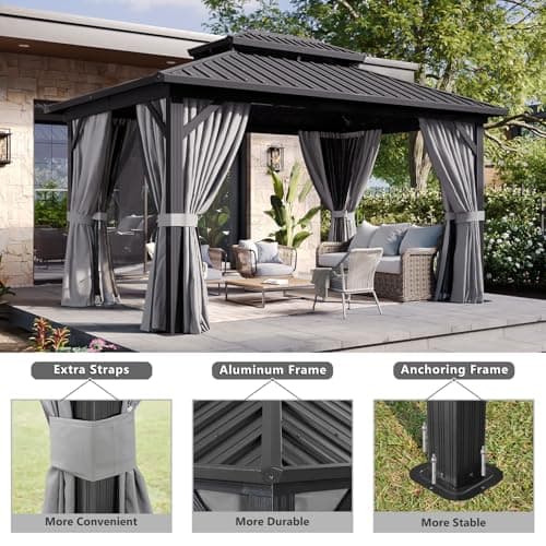 Aoxun 10' X 14' Hardtop Gazebo, Aluminum Metal Outdoor Gazebo with Galvanized Steel Double Roof, Permanent Patio Pavilion with Breathable Netting and Curtains for Dining, Wedding, Party