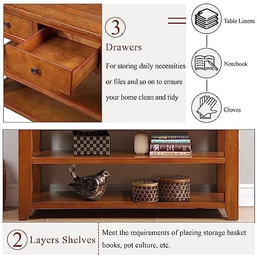 Solid Wood Console Table Entryway Table with Storage Drawers and Bottom Shelf Sofa Table for Entry Hallway Foyer Sofa Couch Table,Fully Assembled (48.8" Brown)