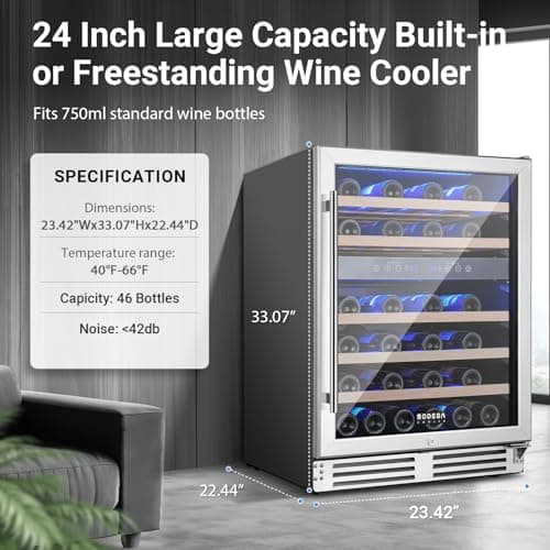 BODEGA 24 Inch Wine Cooler Refrigerator, 46 Bottle Dual Zone Wine Fridge with Double-Layer Tempered Glass Door,wine refrigerator with Temperature Memory Function, Built-in or Freestanding wine cooler.